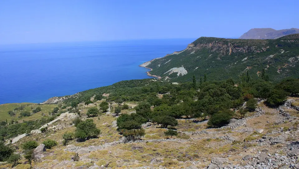 Kuzey Ege Deniz Milli Parkı kıyısında makilik yamaçlar ve uzanan açık deniz