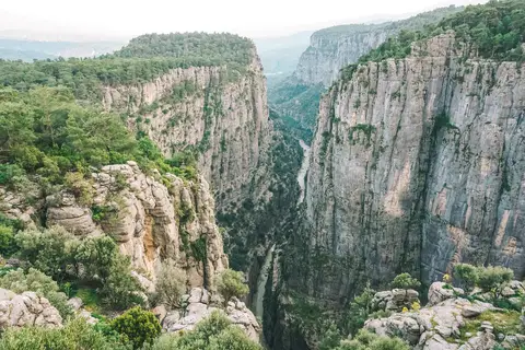 Köprülü Kanyon Milli Parkı'nda ormanla kaplı dik kireçtaşı kanyon duvarları
