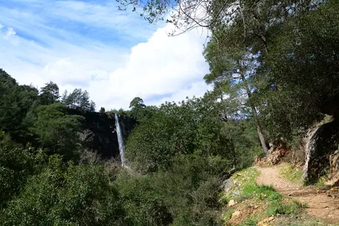 Kayalık kanyon duvarından ormanın içine dökülen ince şelale ve yürüyüş patikası