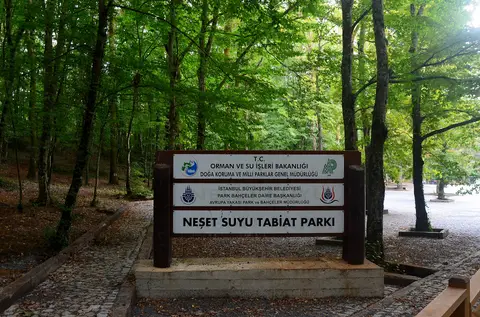 Neşetsuyu Tabiat Parkı'nda ağaçların arasındaki park tabelası ve taş döşeli yol