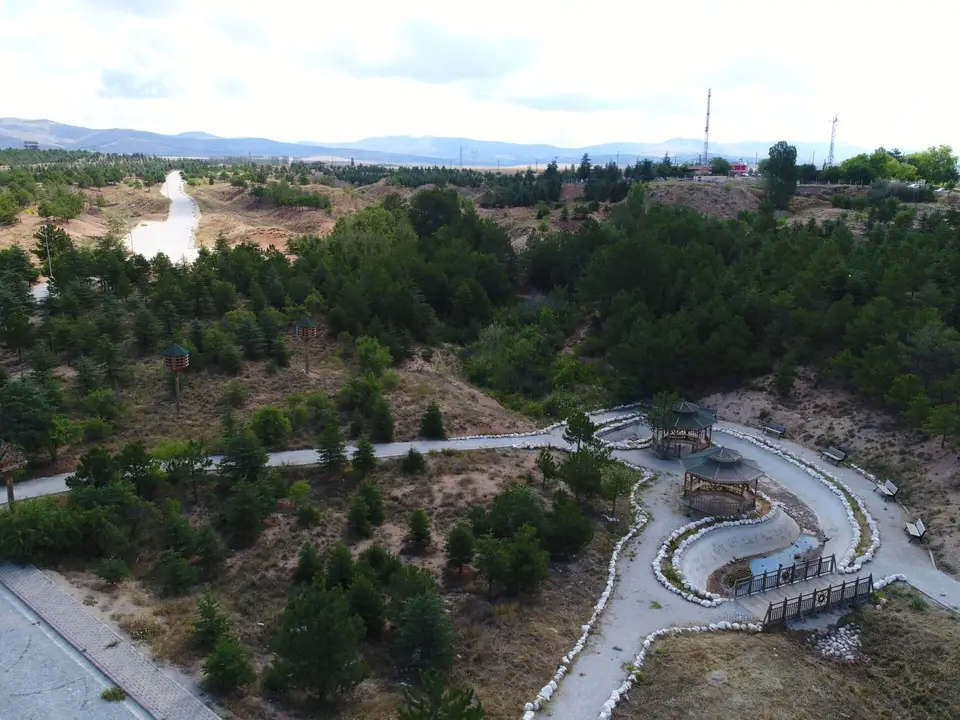 Aşıkpaşa Tabiat Parkı'nda ağaçlar arasındaki yürüyüş yolları ve gölet, havadan görünüm