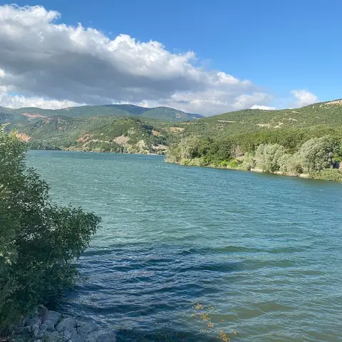 Zinav Gölü Tabiat Parkı'nda yeşil tepeler ve kıyı ağaçlarıyla çevrili, rüzgârla dalgalanan turkuaz göl suyu